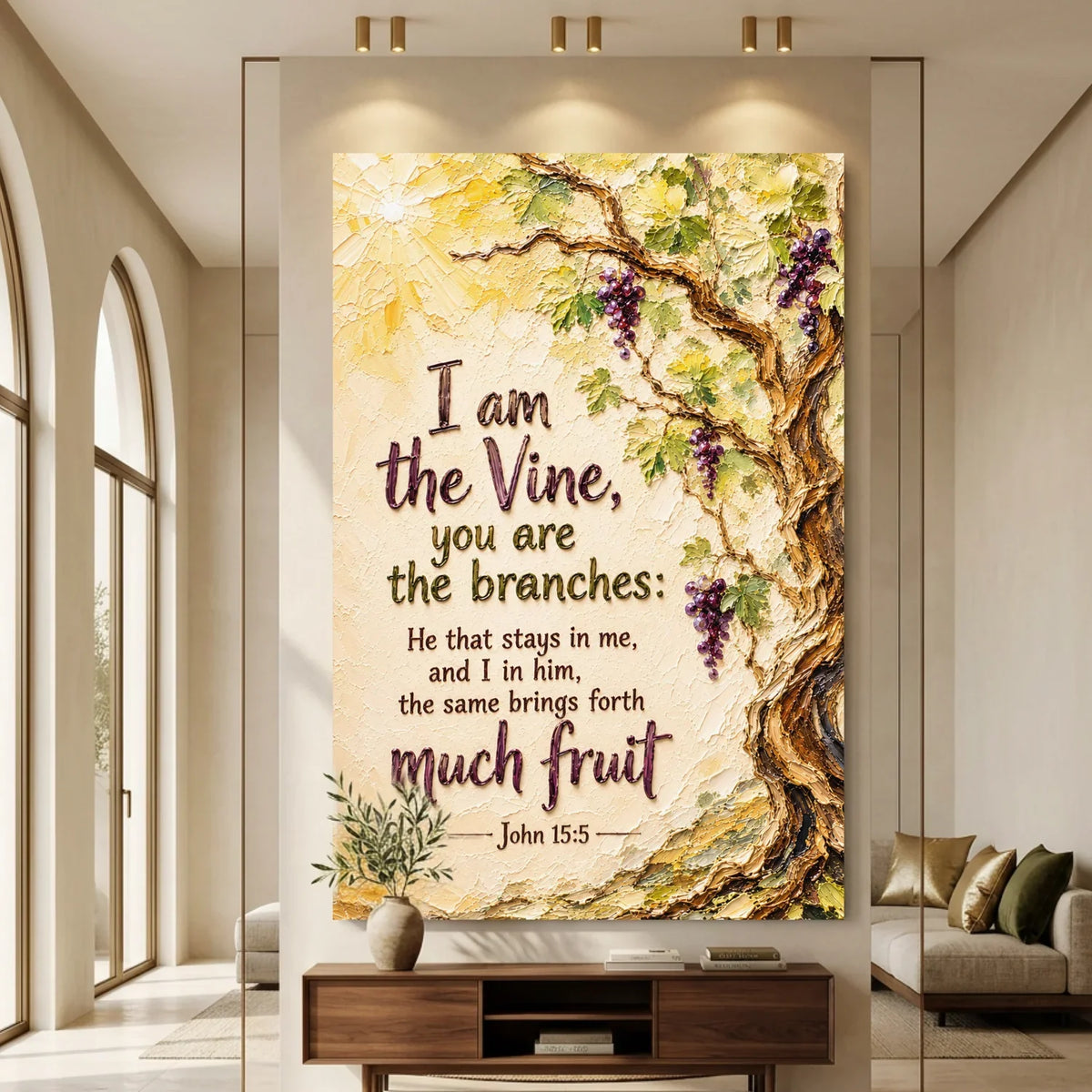 I Am The Vine You Are The Branches - John 15:5. Decorative wall art with a vine and branches design in a living room.