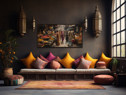 Indian Bazaar Painting – Colorful Canvas Art | Vibrant Market Scene Framed Wall Decor