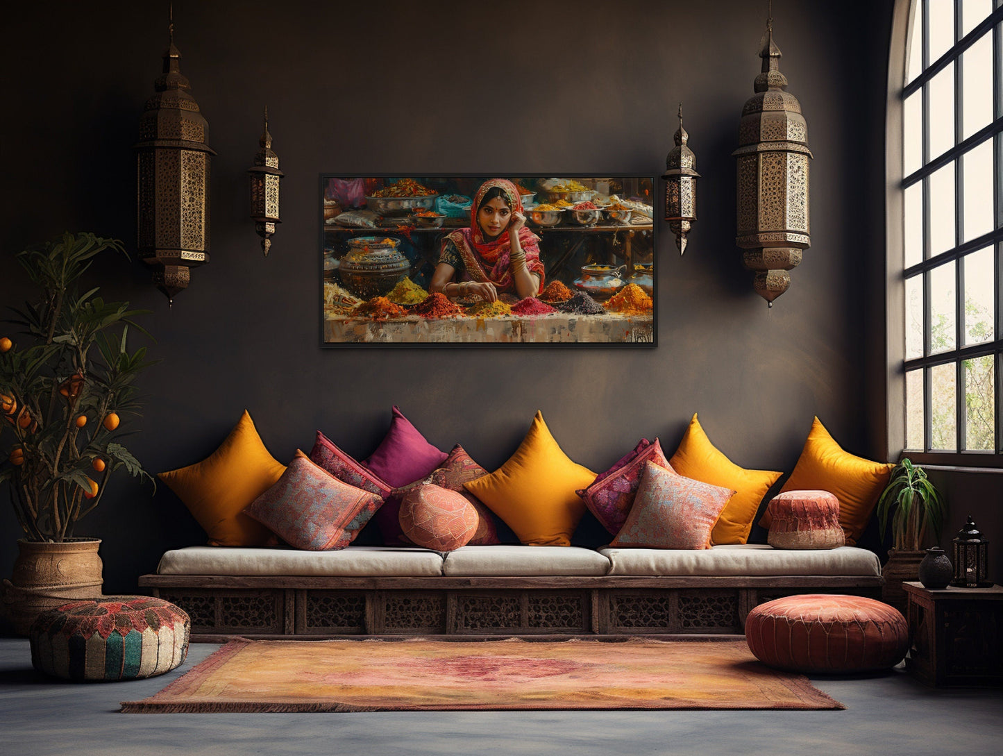 Indian Bazaar Wall Art – Framed Canvas Print of Vibrant Spices Market Scene