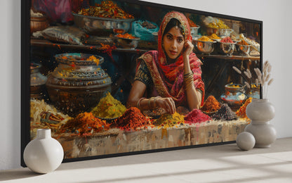 Indian Bazaar Wall Art – Framed Canvas Print of Vibrant Spices Market Scene