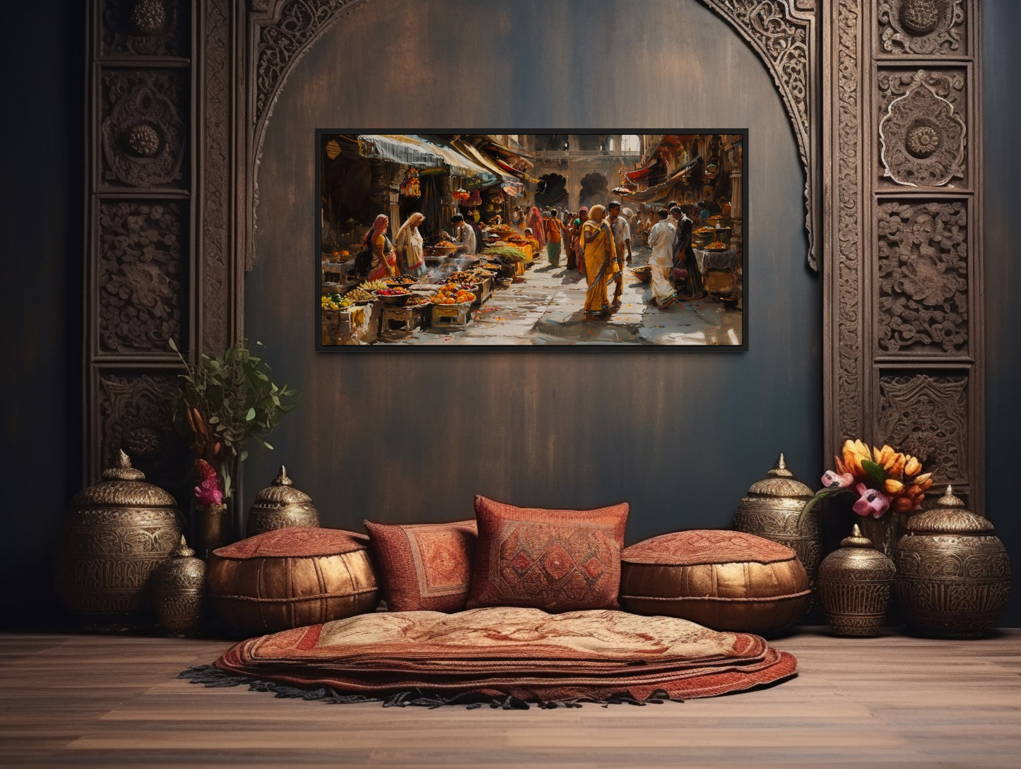 Indian Bazaar Wall Art – Vibrant Framed Canvas Print | Traditional Indian Painting