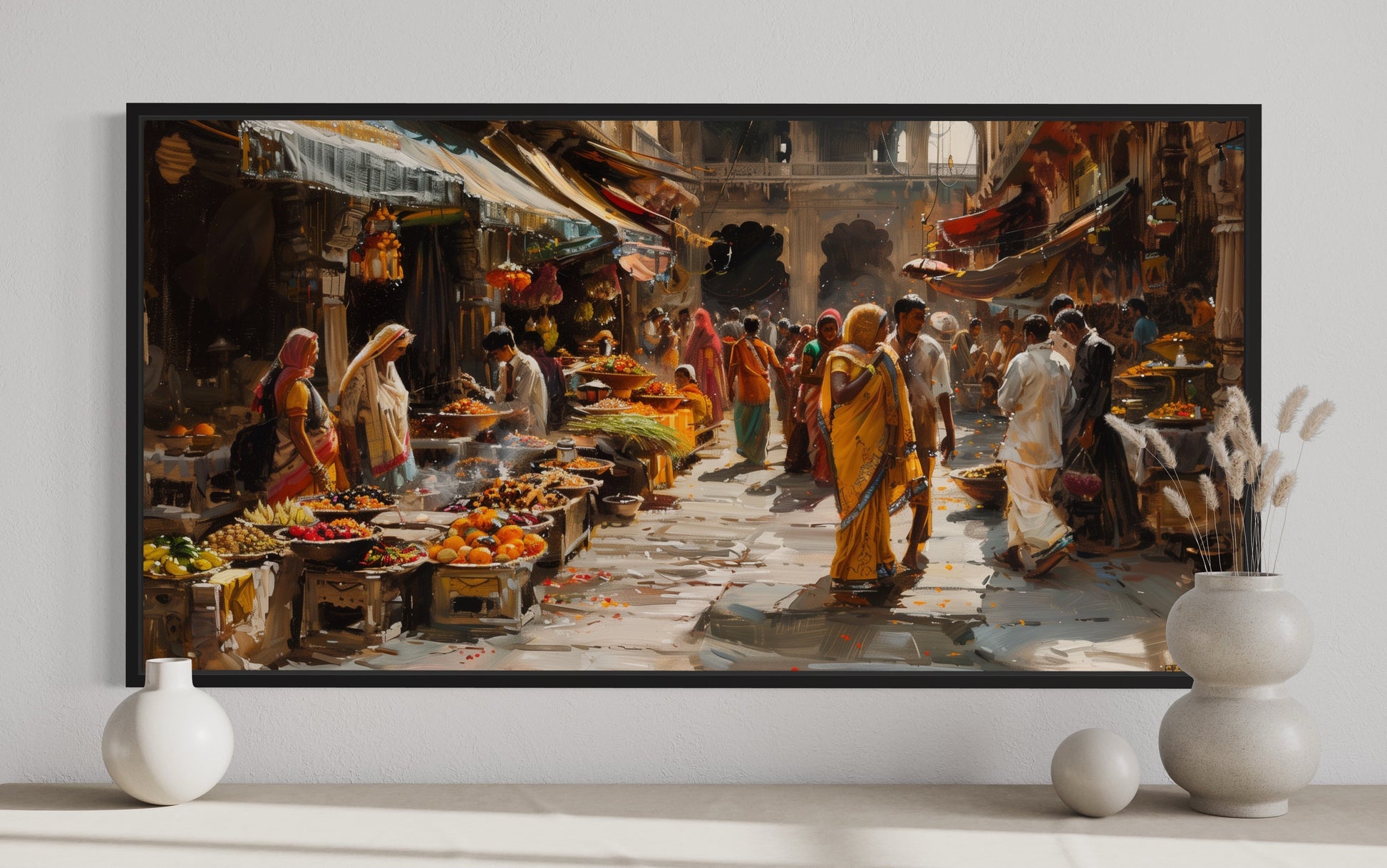 Indian Bazaar Wall Art – Vibrant Framed Canvas Print | Traditional Indian Painting
