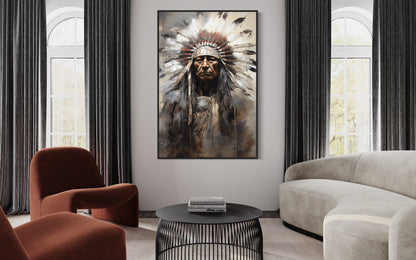 Indian Chief Native American Framed Canvas Wall Art