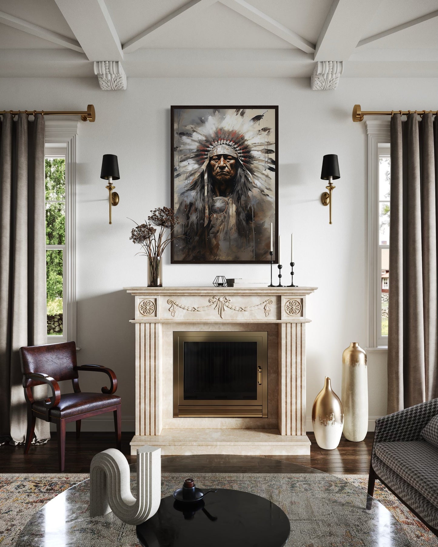 Indian Chief Native American Framed Canvas Wall Art
