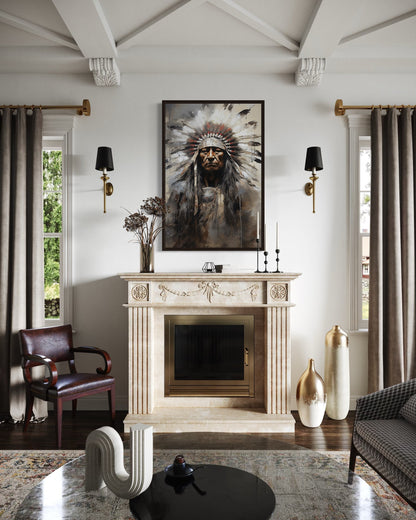 Indian Chief Native American Framed Canvas Wall Art