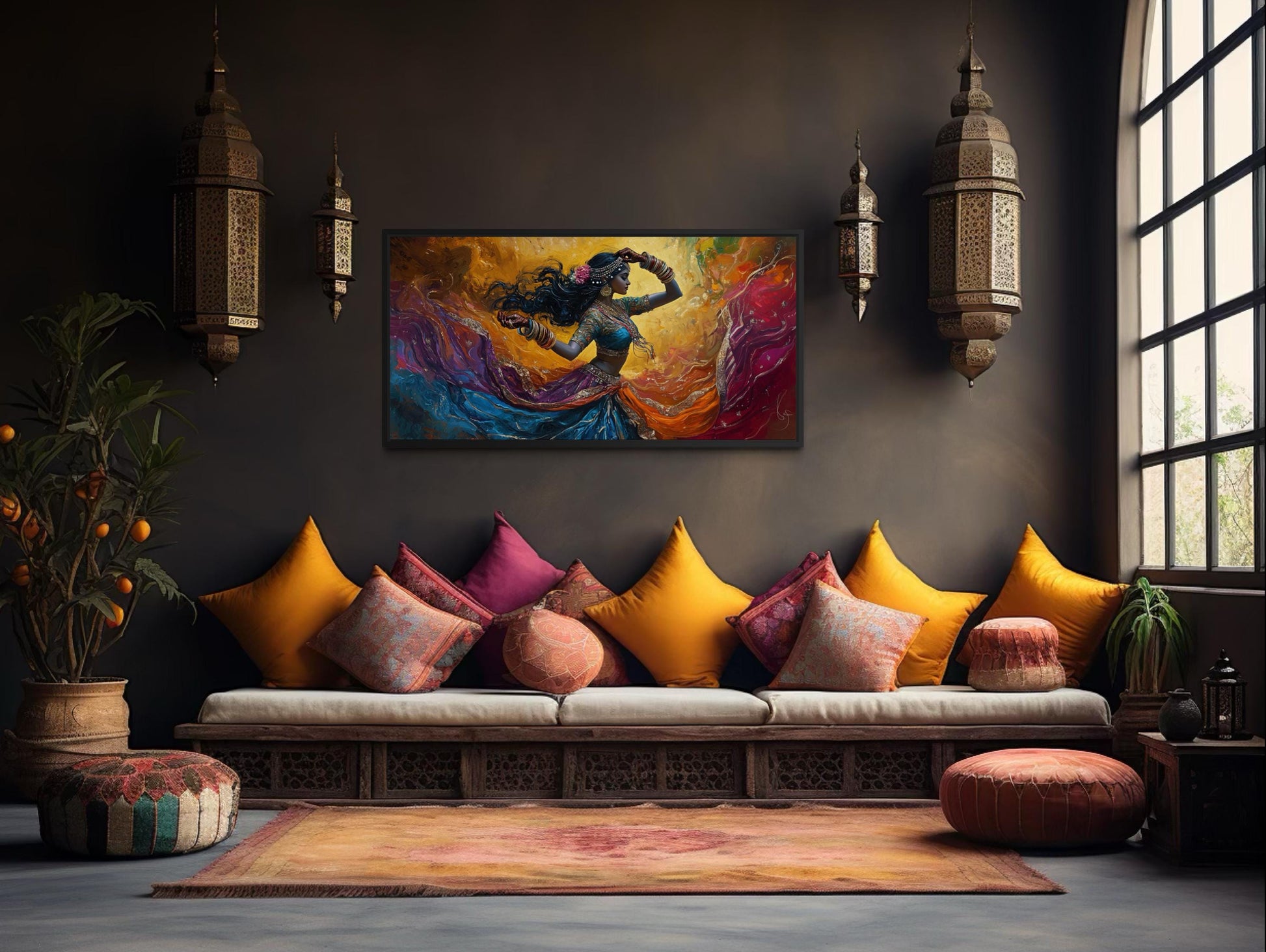 Indian Dancer Wall Art – Colorful Woman Bollywood Dance Painting Canvas Print