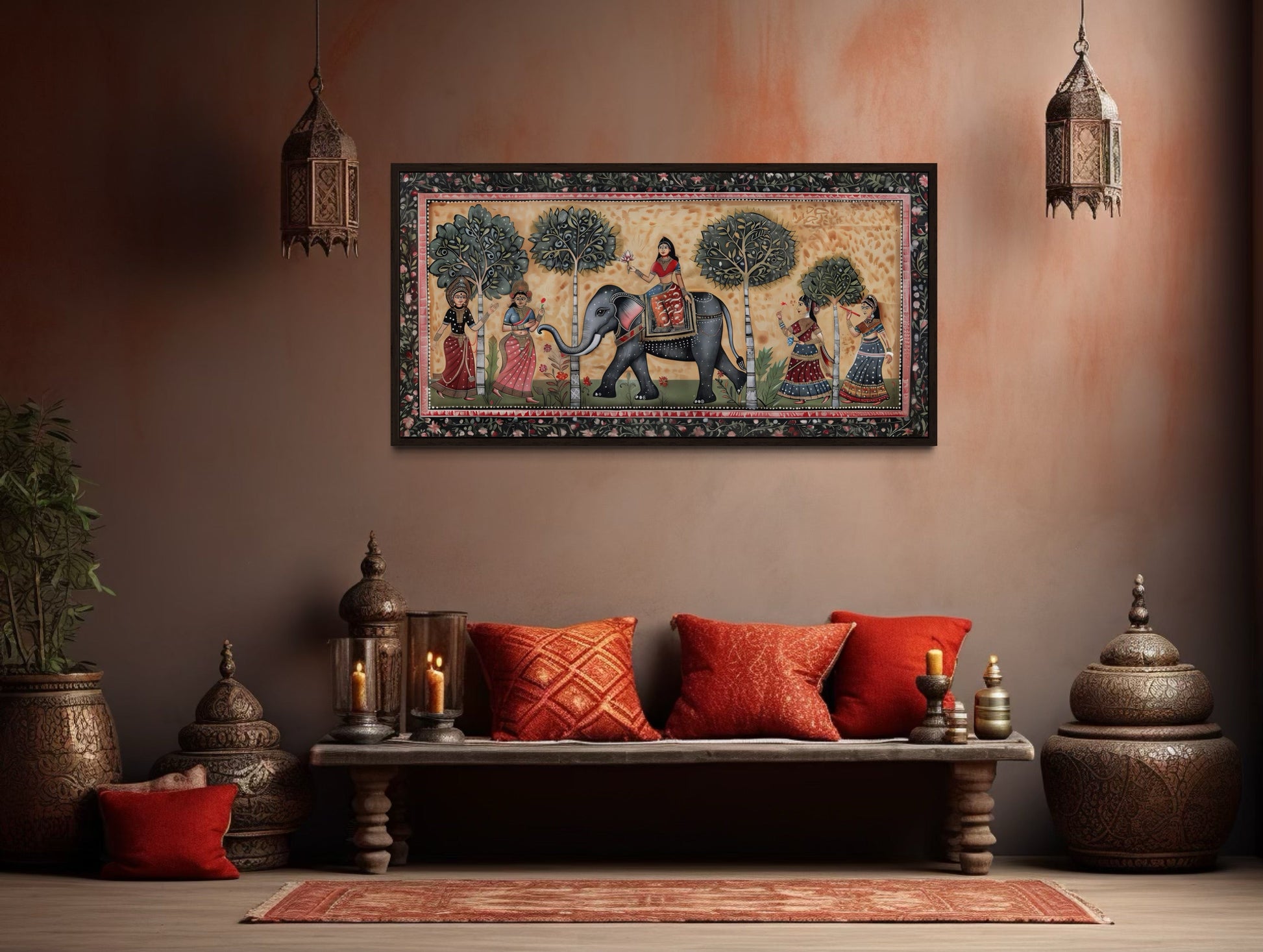 Indian Elephant Madhubani Style Painting Framed Canvas Wall Art
