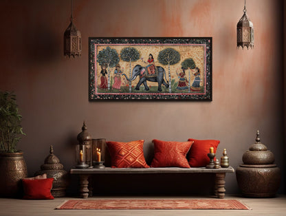 Indian Elephant Madhubani Style Painting Framed Canvas Wall Art