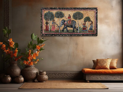 Indian Elephant Madhubani Style Painting Framed Canvas Wall Art