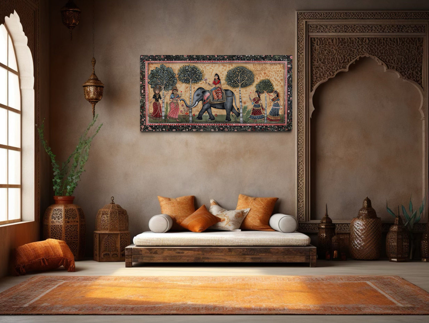 Indian Elephant Madhubani Style Painting Framed Canvas Wall Art