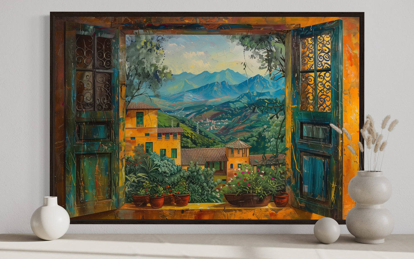 Indian Landscape View Through Open Window Framed Canvas Wall Art