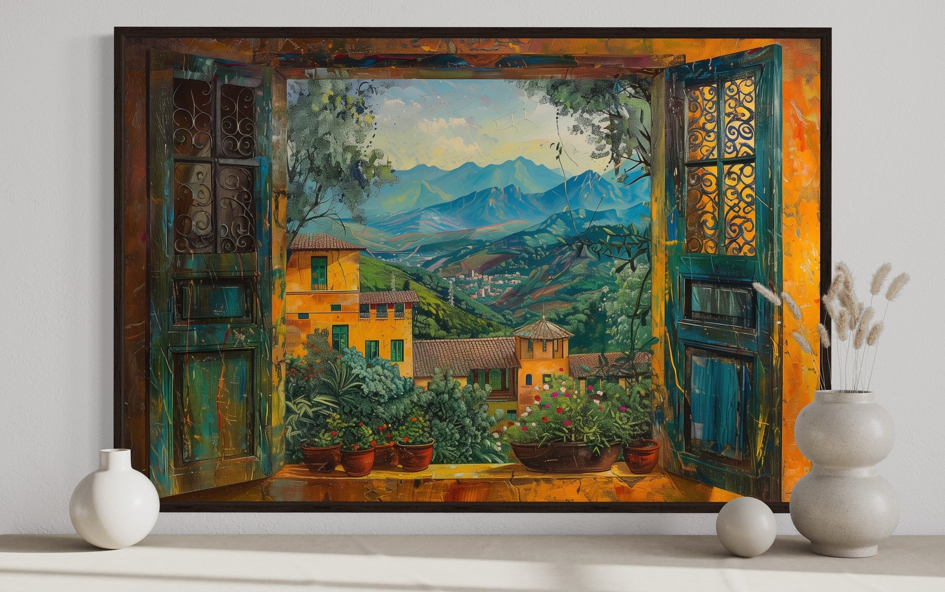 Indian Landscape View Through Open Window Framed Canvas Wall Art