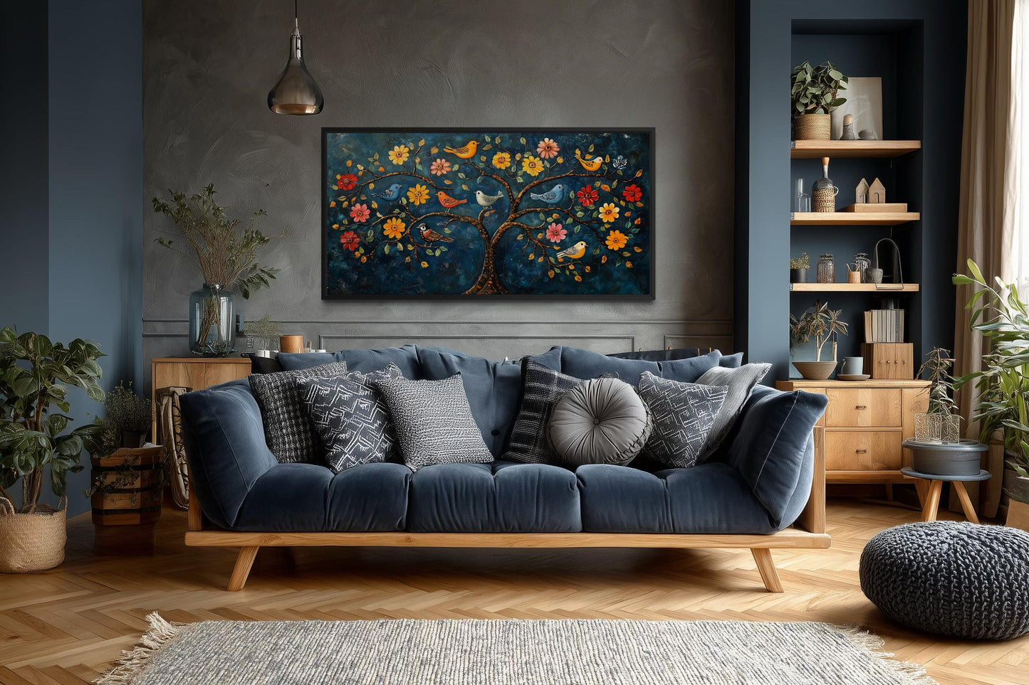 Indian Madhubani Tree Of Life Canvas Wall Art With Birds And Flowers