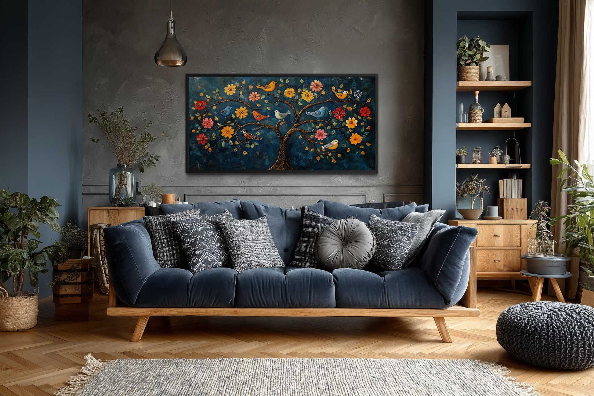 Indian Madhubani Tree Of Life Canvas Wall Art With Birds And Flowers
