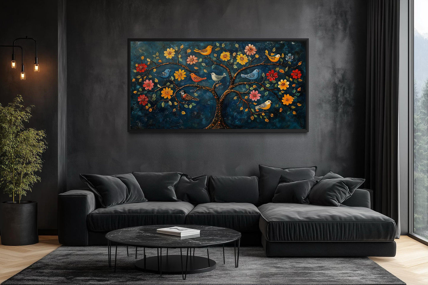 Indian Madhubani Tree Of Life Canvas Wall Art With Birds And Flowers