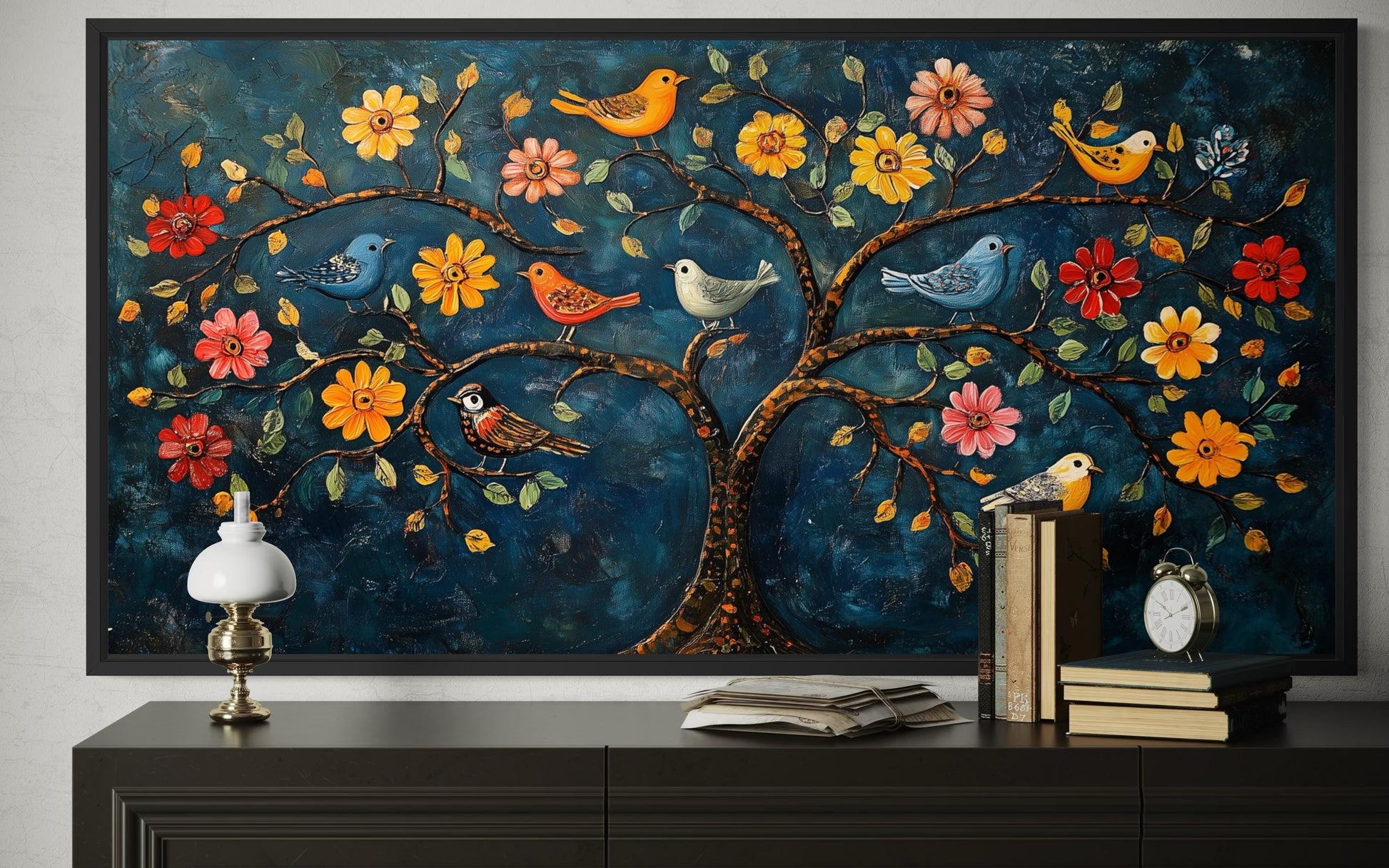 Indian Madhubani Tree Of Life Canvas Wall Art With Birds And Flowers