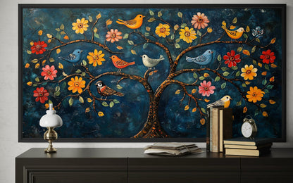 Indian Madhubani Tree Of Life Canvas Wall Art With Birds And Flowers