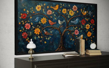 Indian Madhubani Tree Of Life Canvas Wall Art With Birds And Flowers