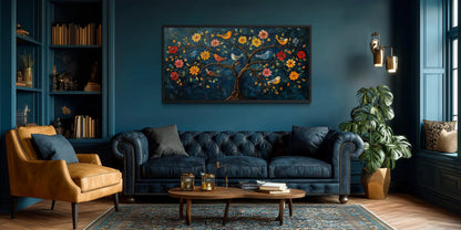 Indian Madhubani Tree Of Life Canvas Wall Art With Birds And Flowers