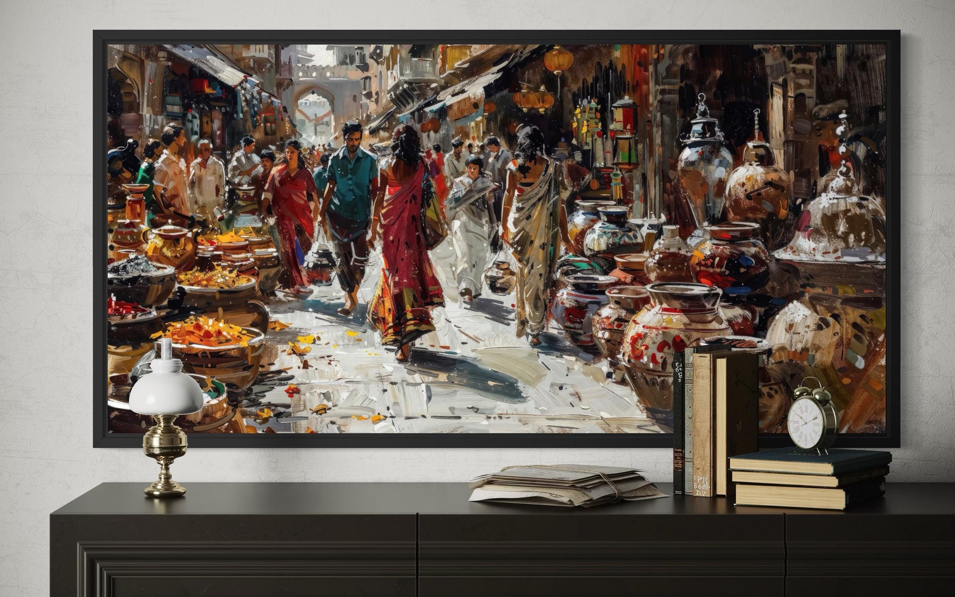 Indian Market Painting - Vibrant Bazaar Wall Art | Framed Canvas Decor