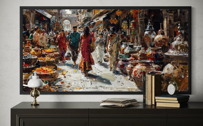 Indian Market Painting - Vibrant Bazaar Wall Art | Framed Canvas Decor
