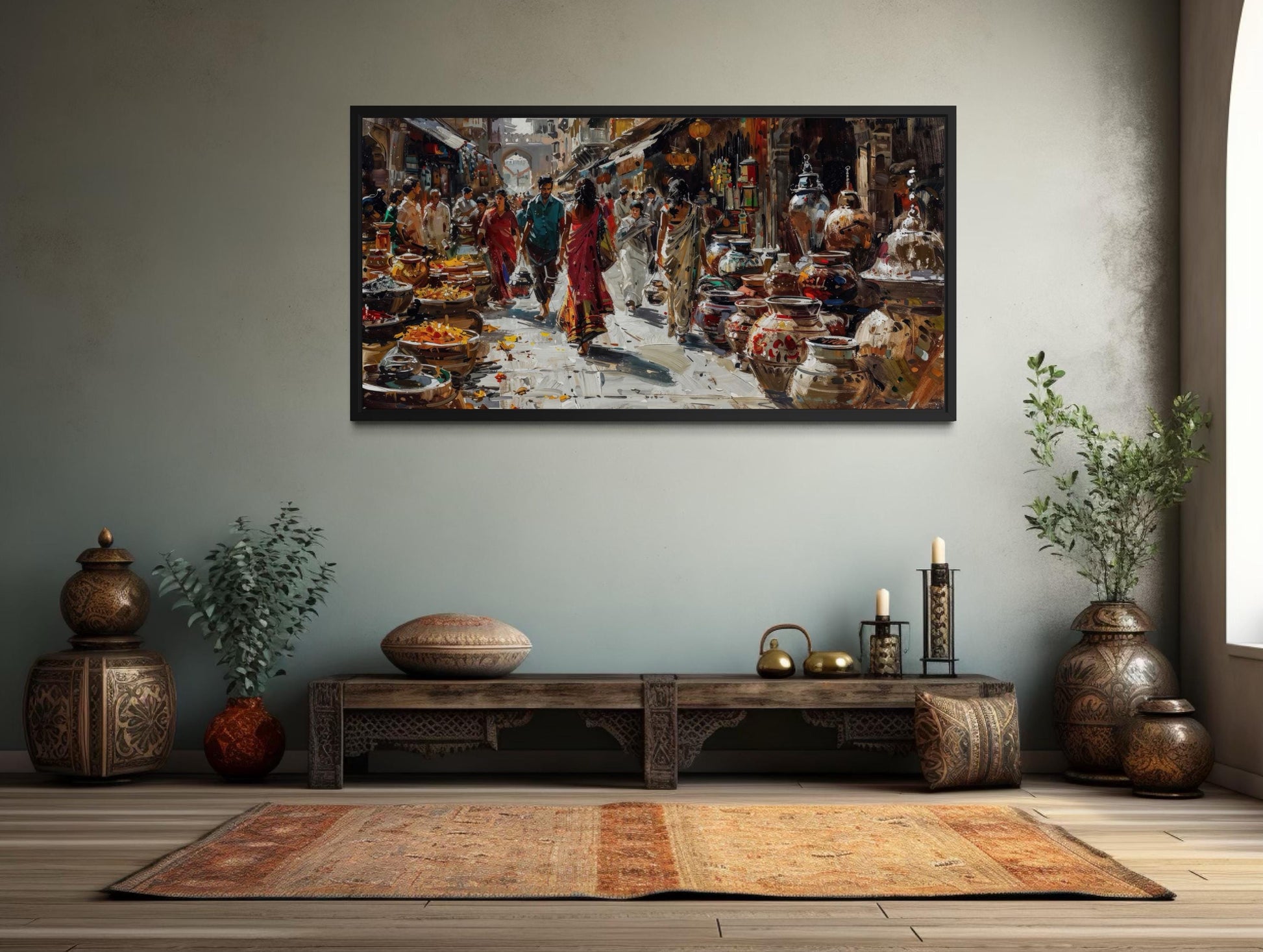 Indian Market Painting - Vibrant Bazaar Wall Art | Framed Canvas Decor