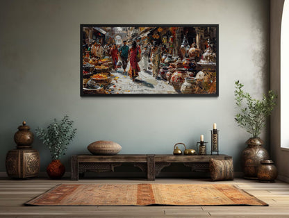 Indian Market Painting - Vibrant Bazaar Wall Art | Framed Canvas Decor