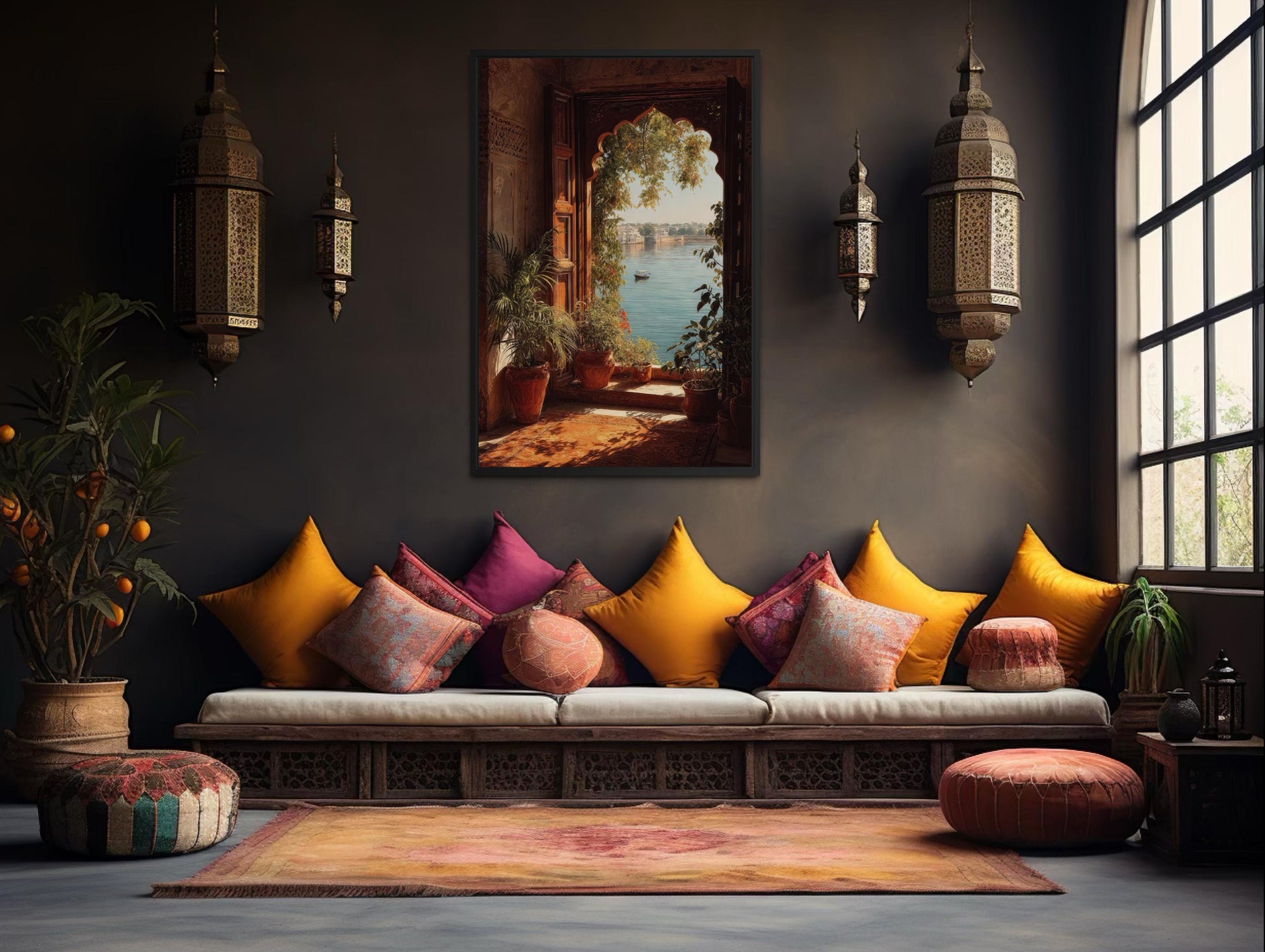 Indian Palace Wall Art - Arched Window Canvas Print With Lake View & Boho Decor