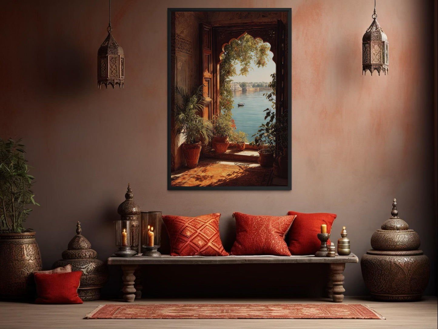 Indian Palace Wall Art - Arched Window Canvas Print With Lake View & Boho Decor