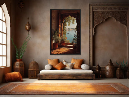 Indian Palace Wall Art - Arched Window Canvas Print With Lake View & Boho Decor