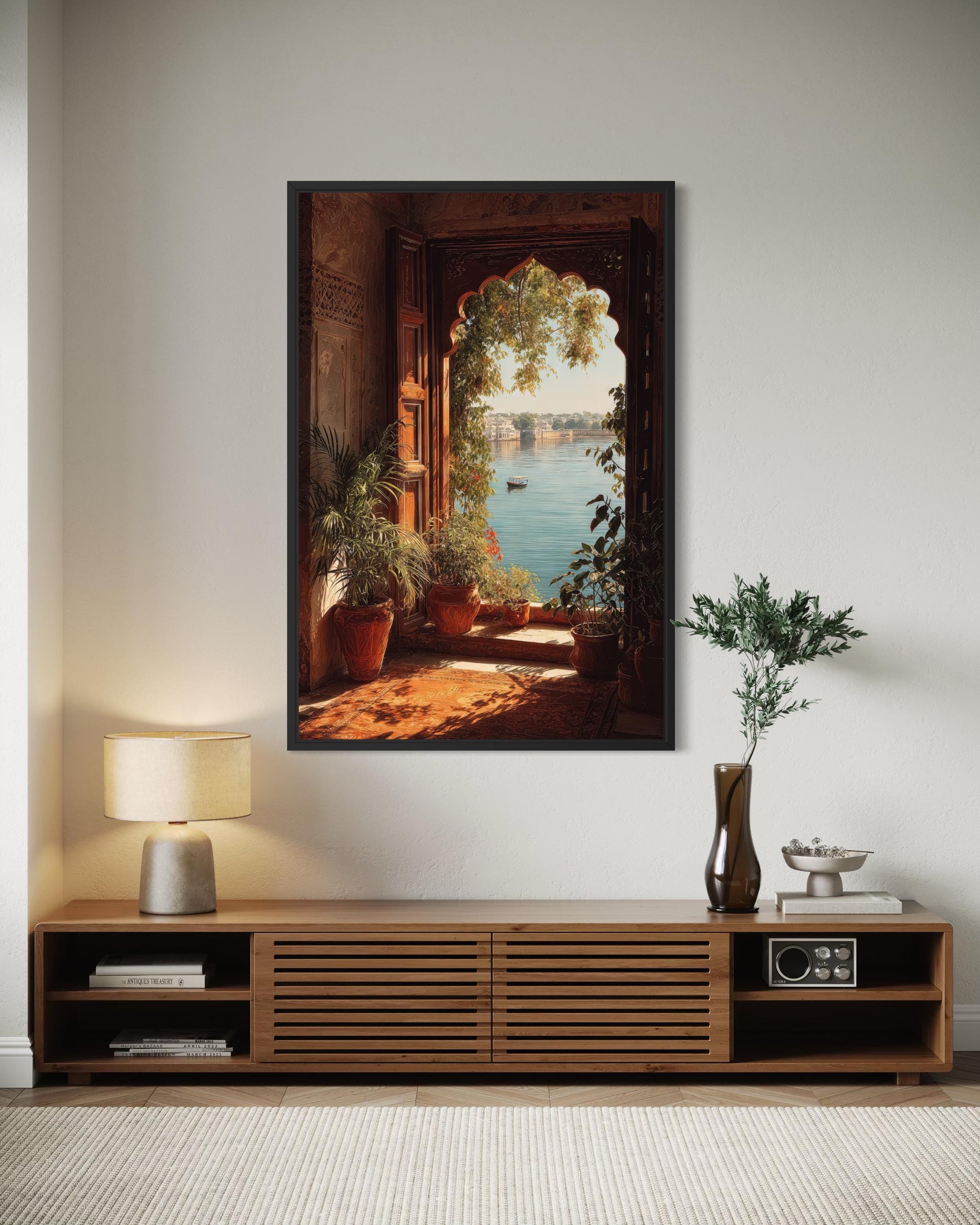 Indian Palace Wall Art - Arched Window Canvas Print With Lake View & Boho Decor