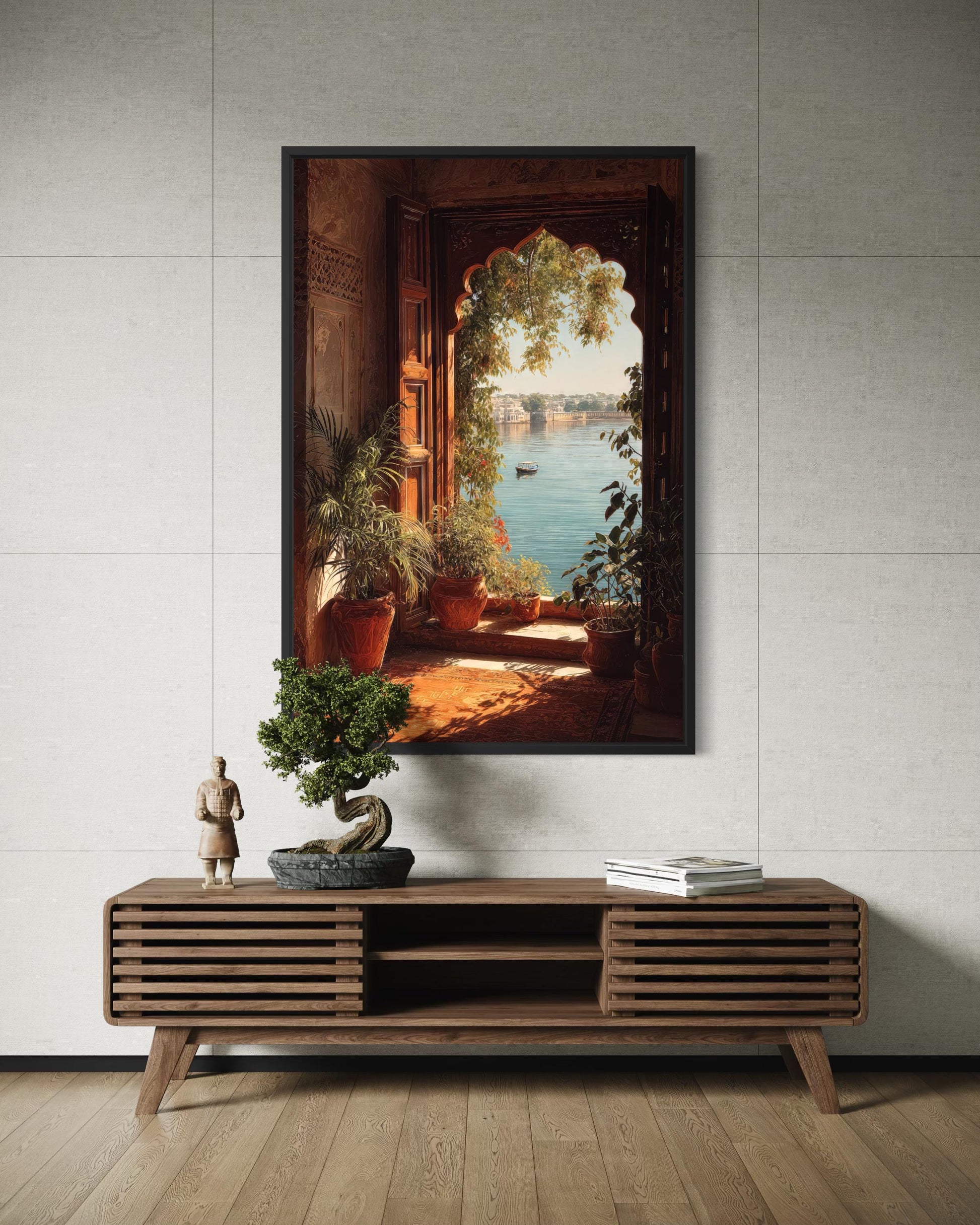 Indian Palace Wall Art - Arched Window Canvas Print With Lake View & Boho Decor