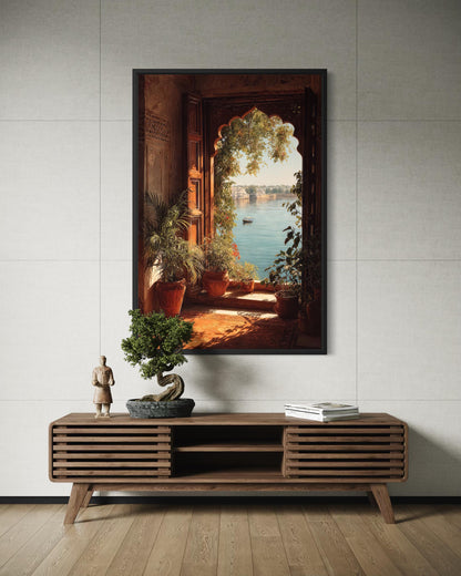 Indian Palace Wall Art - Arched Window Canvas Print With Lake View & Boho Decor