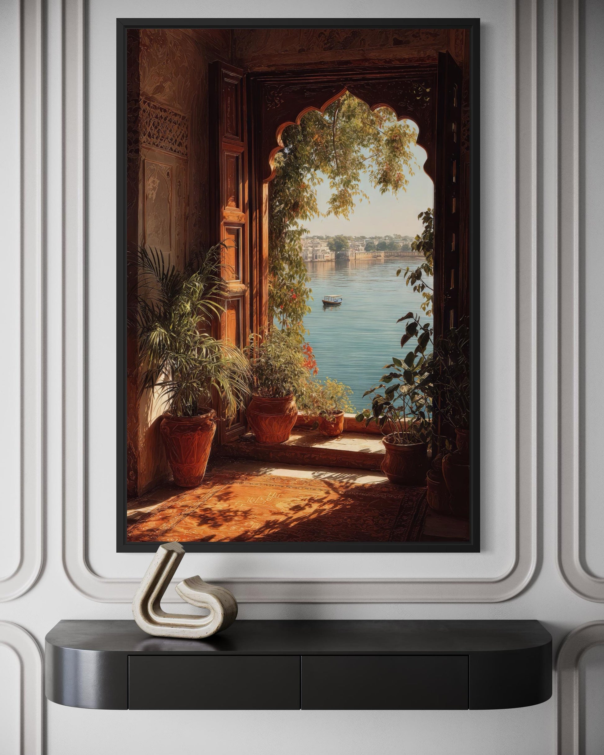 Indian Palace Wall Art - Arched Window Canvas Print With Lake View & Boho Decor