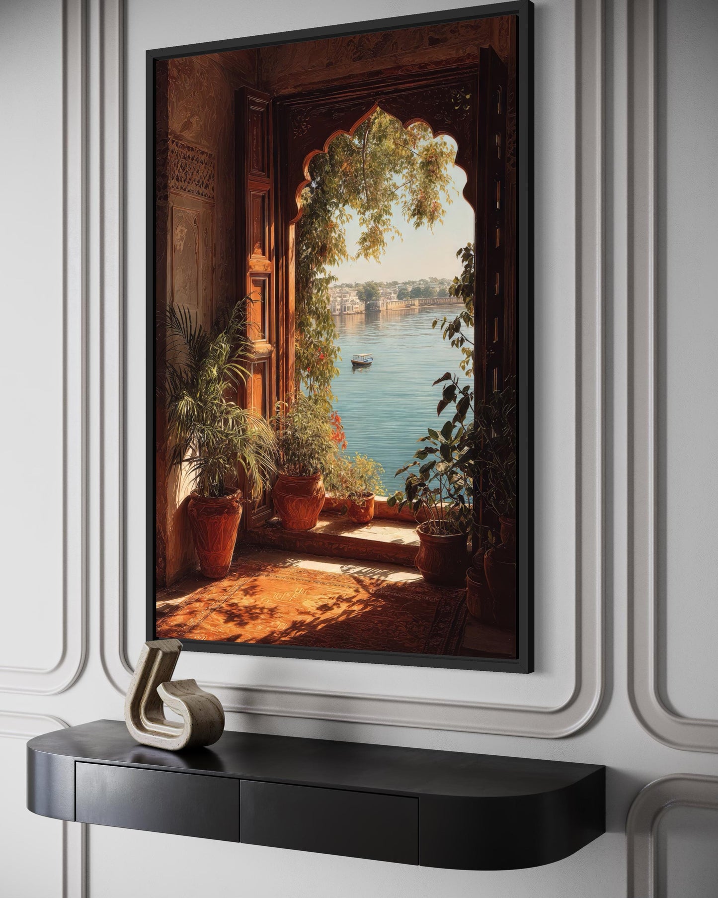 Indian Palace Wall Art - Arched Window Canvas Print With Lake View & Boho Decor