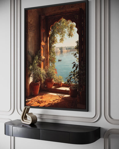 Indian Palace Wall Art - Arched Window Canvas Print With Lake View & Boho Decor