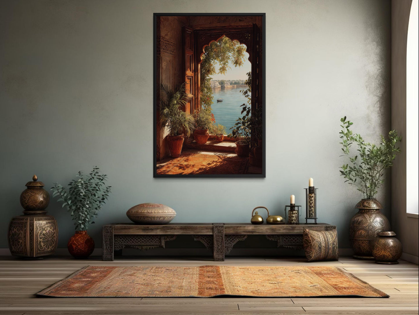 Indian Palace Wall Art - Arched Window Canvas Print With Lake View & Boho Decor