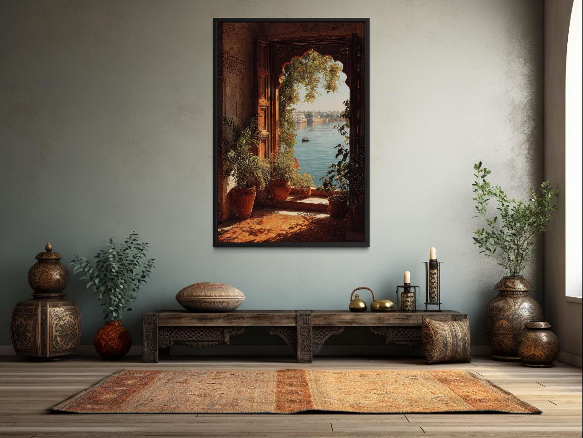 Indian Palace Wall Art - Arched Window Canvas Print With Lake View & Boho Decor