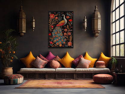 Indian Peacock Madhubani Style Framed Canvas Wall Art