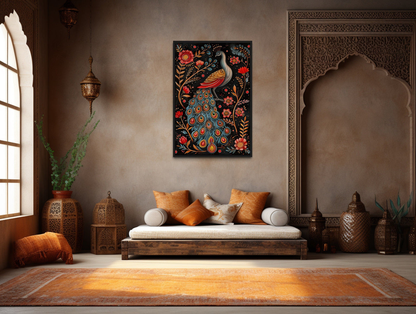 Indian Peacock Madhubani Style Framed Canvas Wall Art