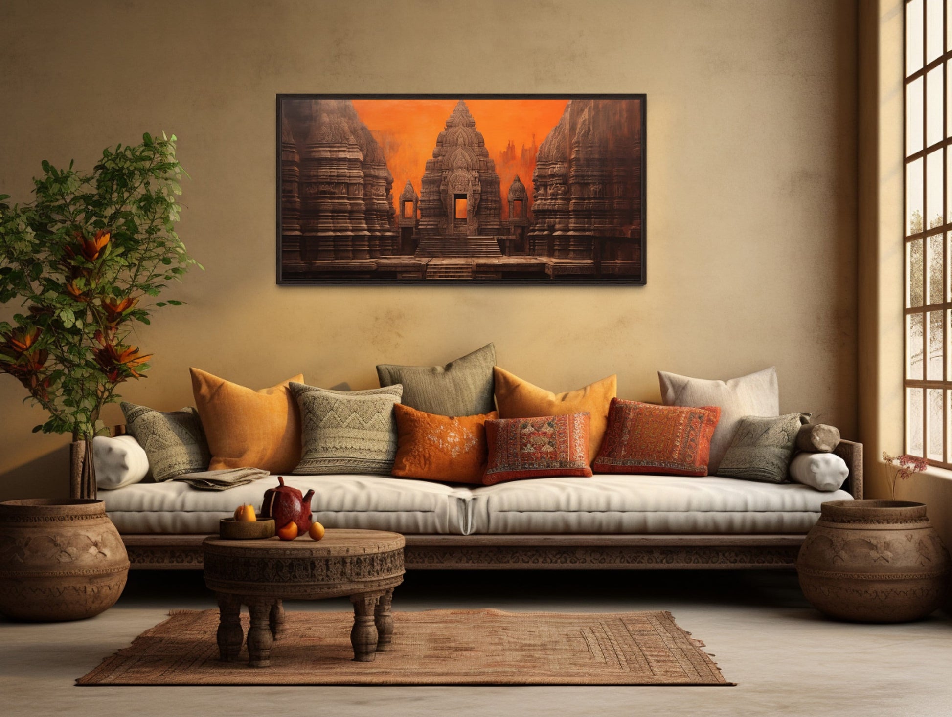 Indian Temple Wall Art – Framed Canvas Print | Rustic Home Decoration & Living Room Decor
