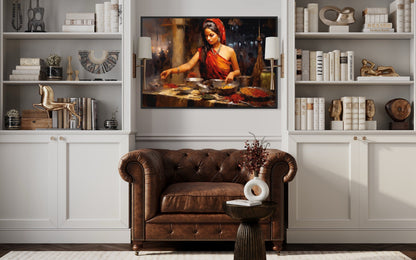 Indian Woman At Spice Bazaar Framed Canvas Wall Art