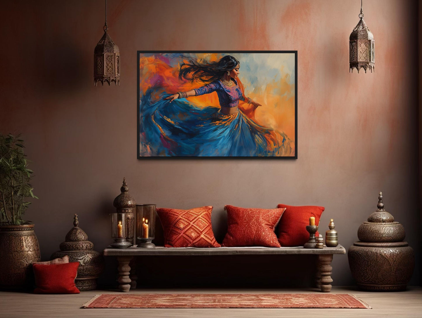Indian Woman Dancing Framed Canvas Wall Art