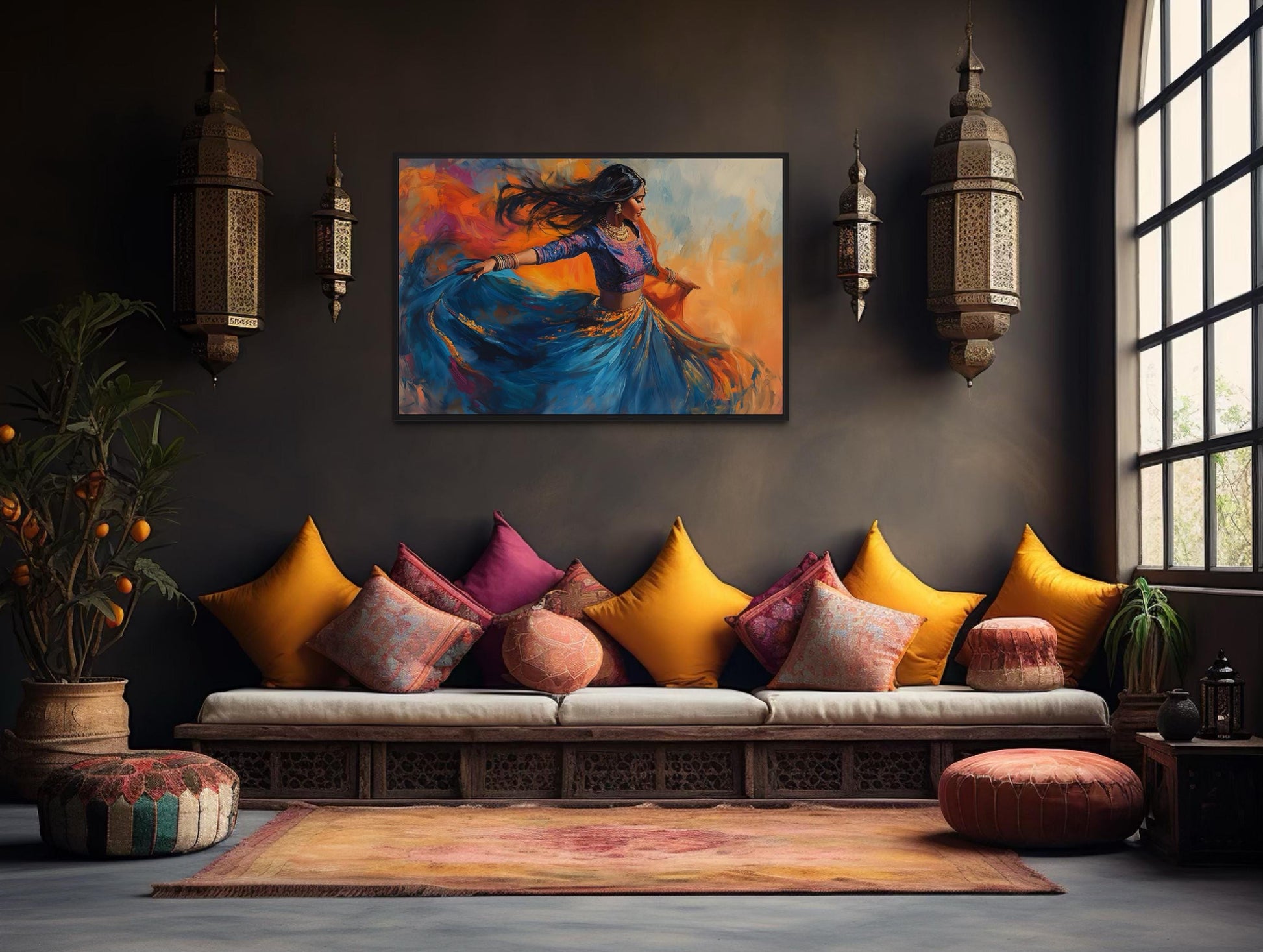Indian Woman Dancing Framed Canvas Wall Art