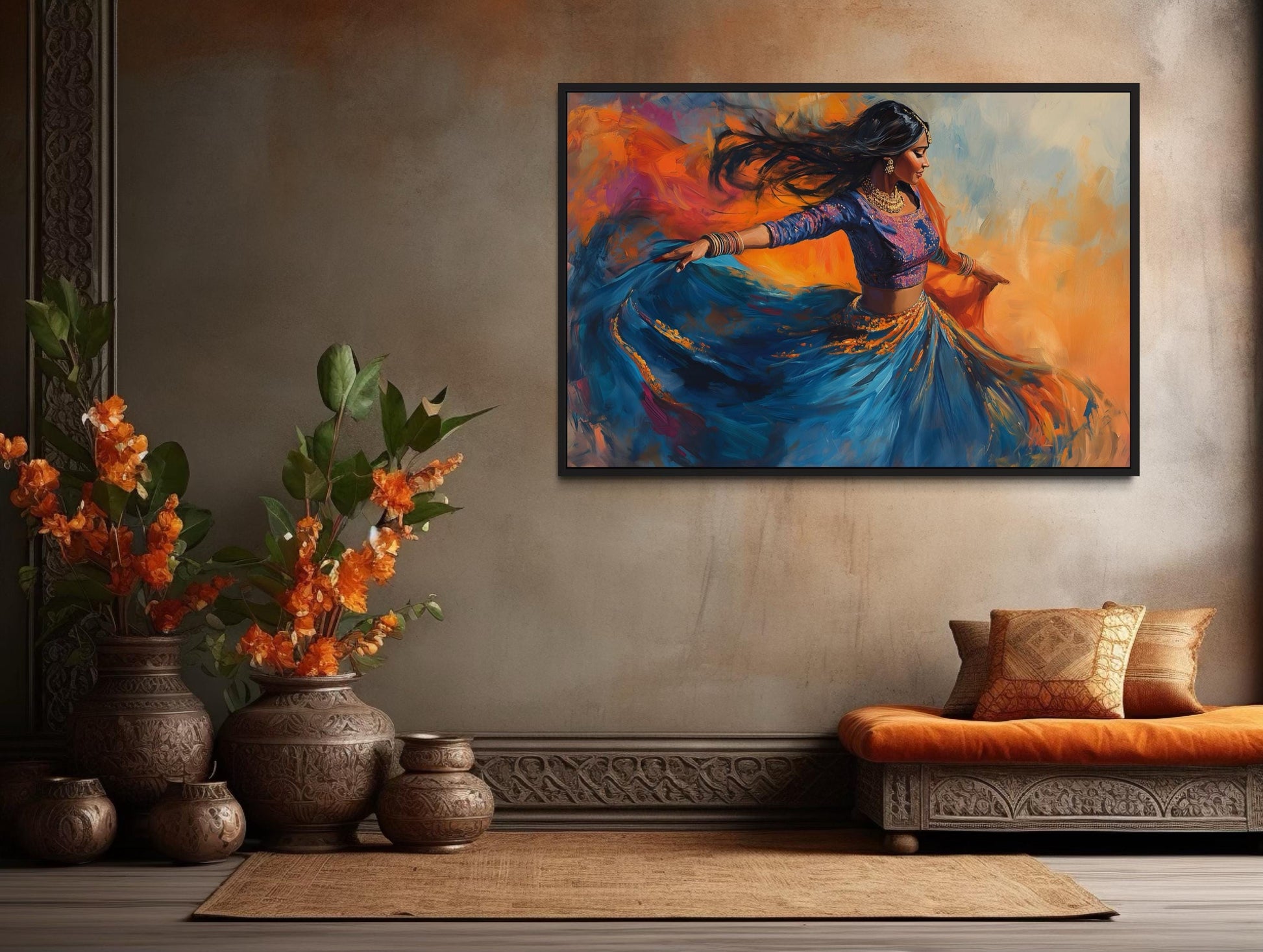 Indian Woman Dancing Framed Canvas Wall Art