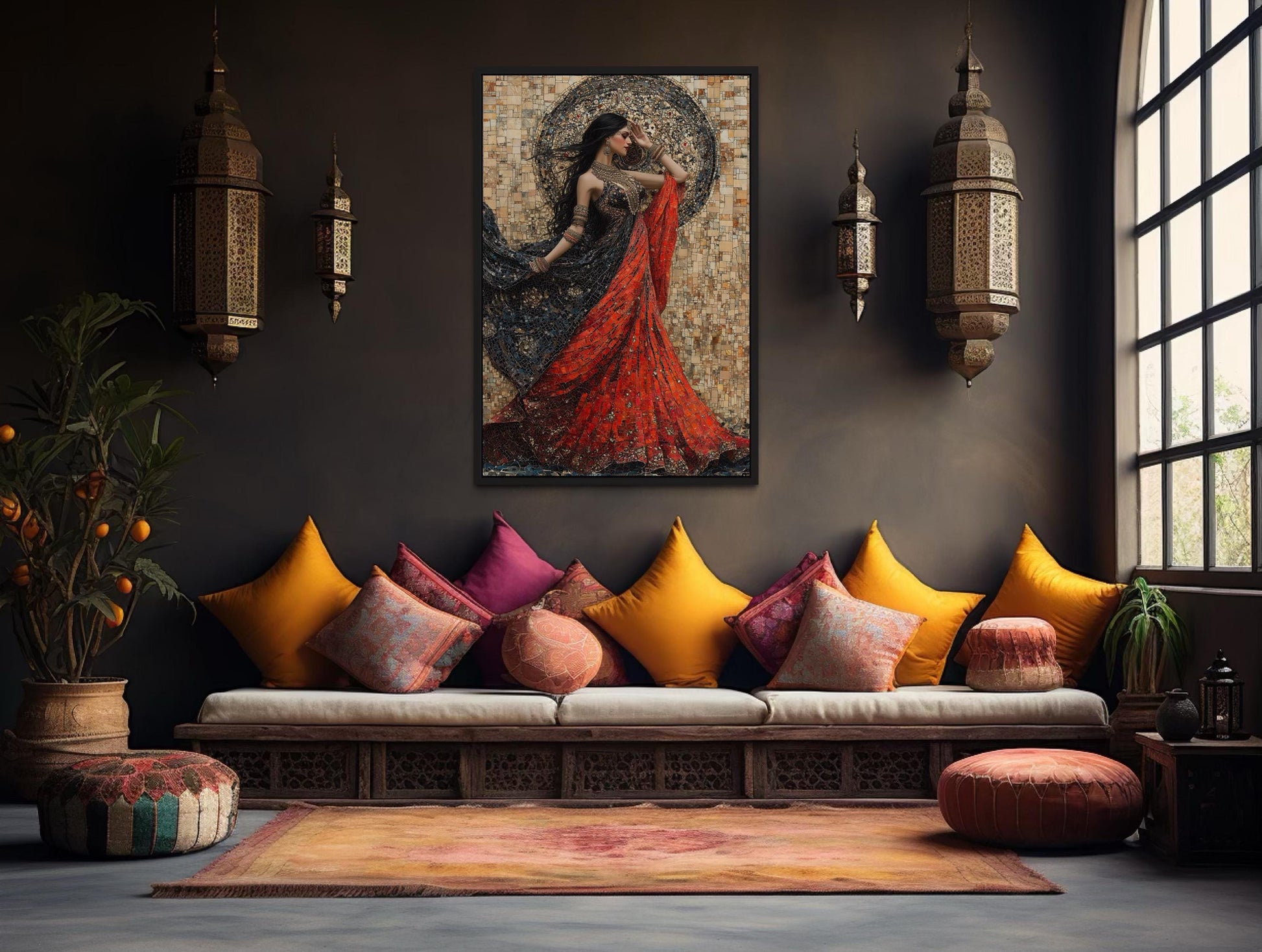 Indian Woman Dancing Framed Canvas Wall Art