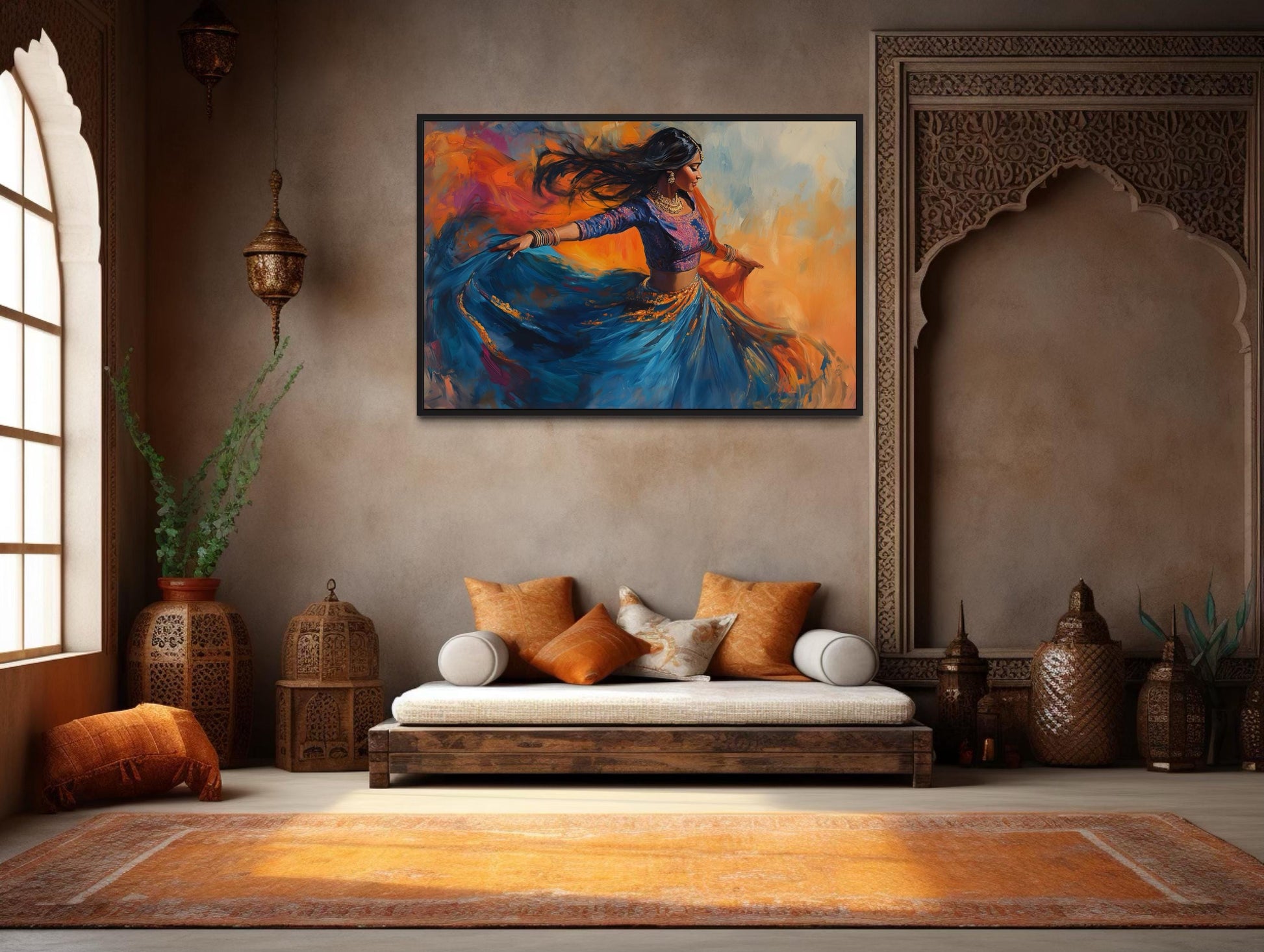Indian Woman Dancing Framed Canvas Wall Art