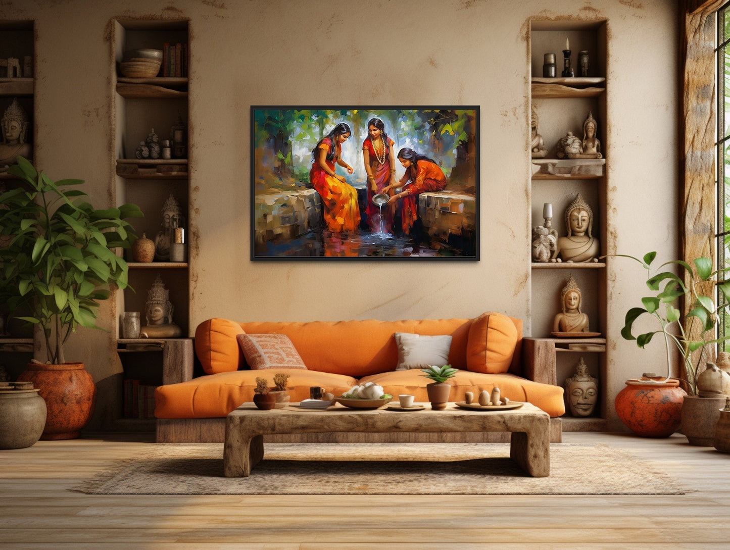 Indian Women At The Well Traditional Framed Canvas Wall Art For Indian Room Decor
