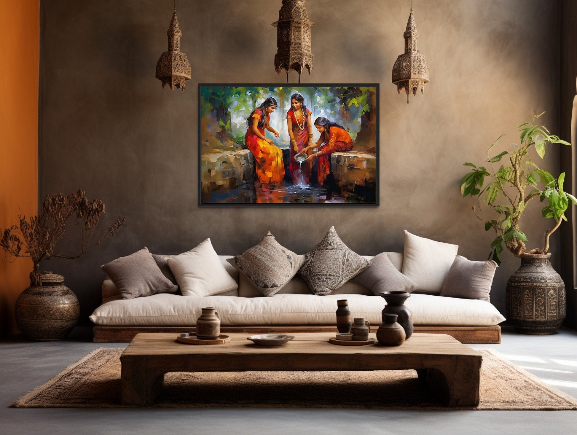 Indian Women At The Well Traditional Framed Canvas Wall Art For Indian Room Decor
