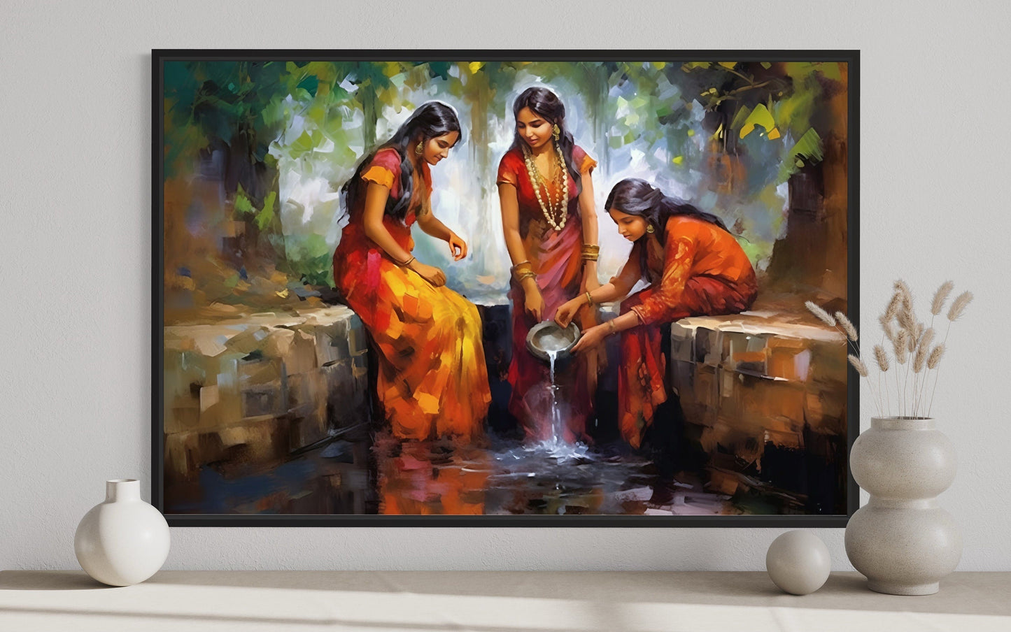 Indian Women At The Well Traditional Framed Canvas Wall Art For Indian Room Decor